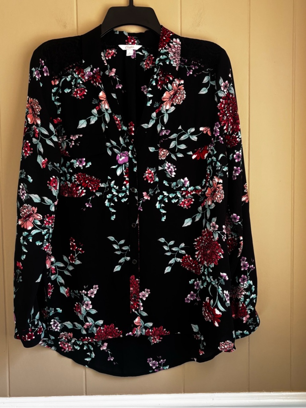CANDIE’S Women’s Black Floral Lace Shoulder Button Down Blouse - Size Large NWOT
